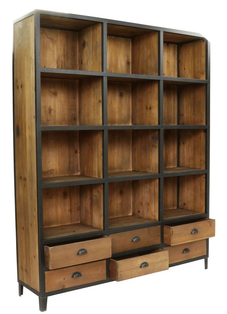 Bookshelves - Industrial bookcase wood and iron, 6 drawers, 12 shelves - JP2B DECORATION