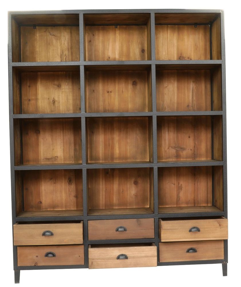 Bookshelves - Industrial bookcase wood and iron, 6 drawers, 12 shelves - JP2B DECORATION