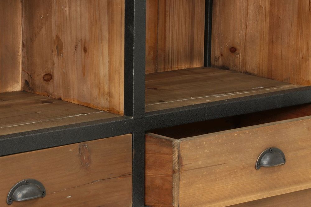 Bookshelves - Industrial bookcase wood and iron, 6 drawers, 12 shelves - JP2B DECORATION