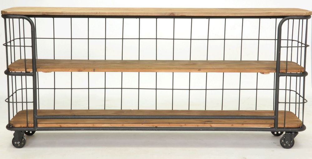 Console table - Industrial Cage Console recycled wood and metal, 3 shelves - JP2B DECORATION