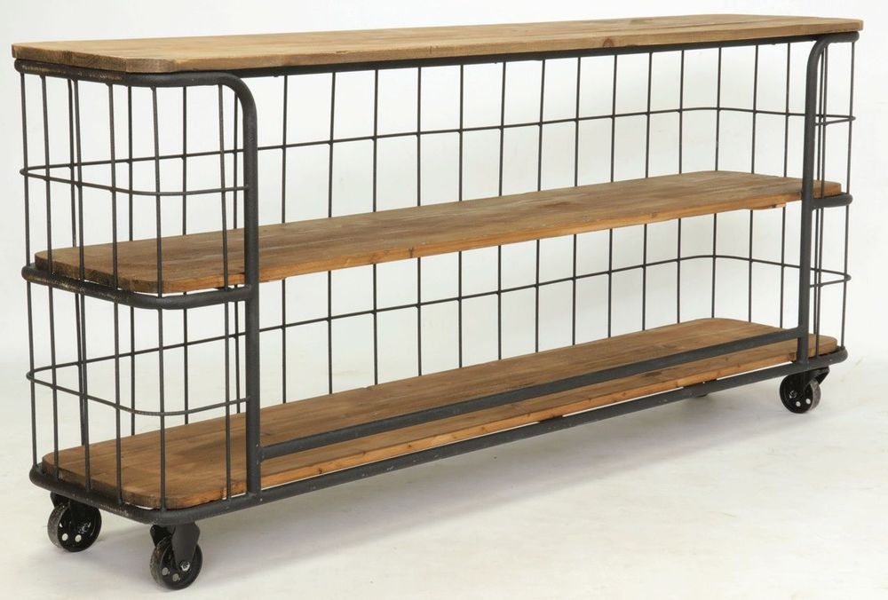 Console table - Industrial Cage Console recycled wood and metal, 3 shelves - JP2B DECORATION