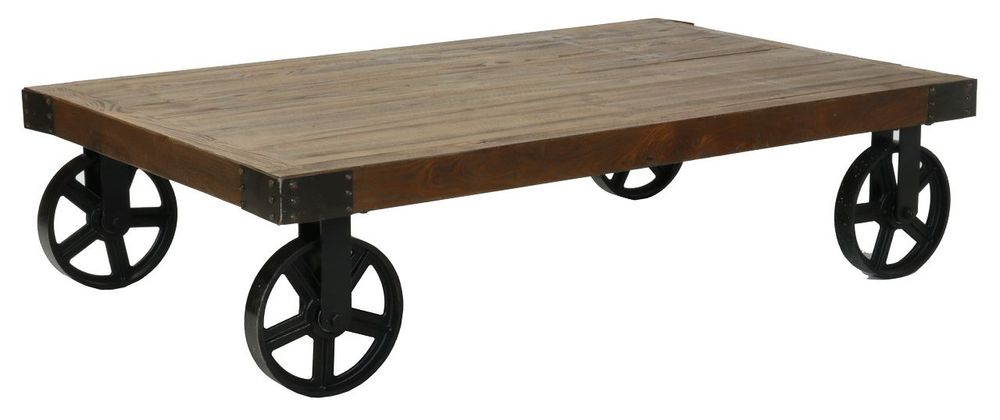 Coffee tables - Industrial coffee table recycled wood and metal, with wheels - JP2B DECORATION