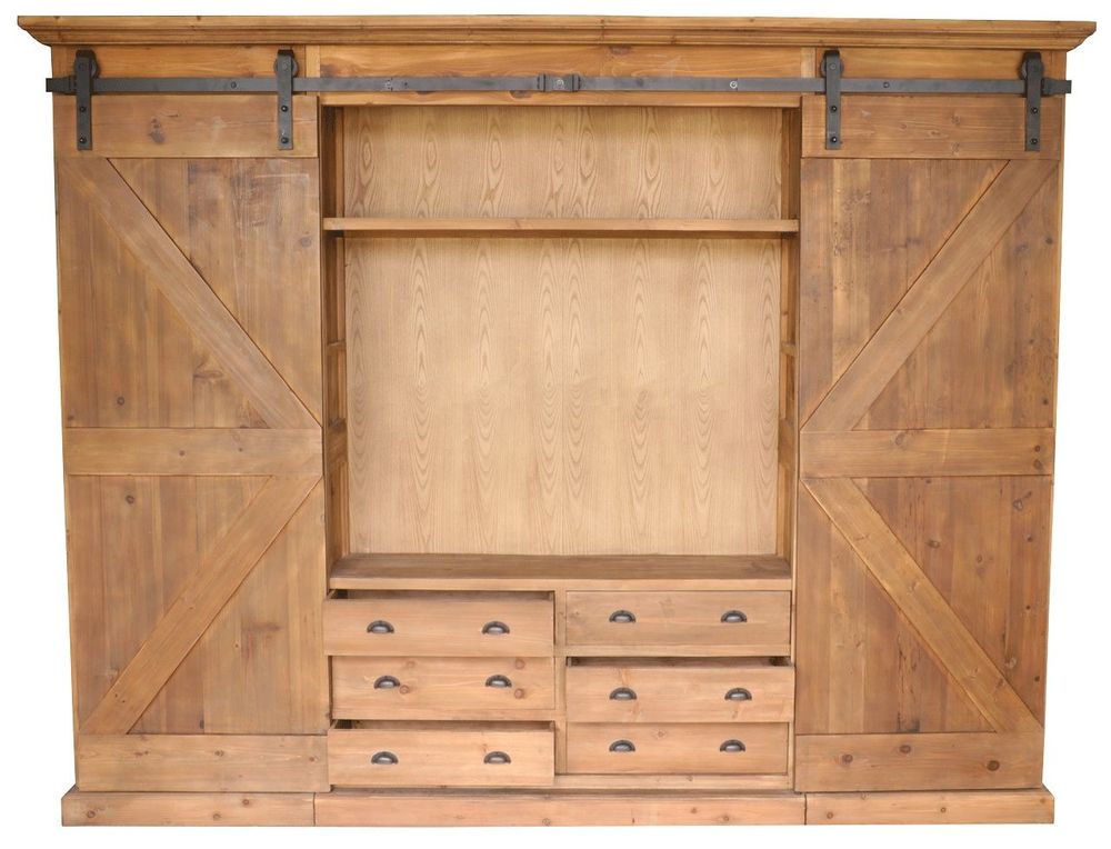 Bibliothèques - Cabinet industriel bois recyclé, porte coulissante, 6 tiroirs - JP2B DECORATION