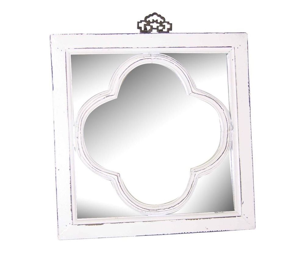 Mirrors - Clover-shaped mirror in recycled wood, distressed white finish, 40 cm - JP2B DECORATION