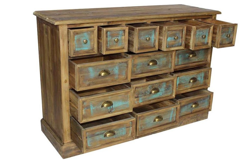 Buffets - Chiffonnier en bois recyclé, 15 tiroirs, design rustique et authentique - JP2B DECORATION
