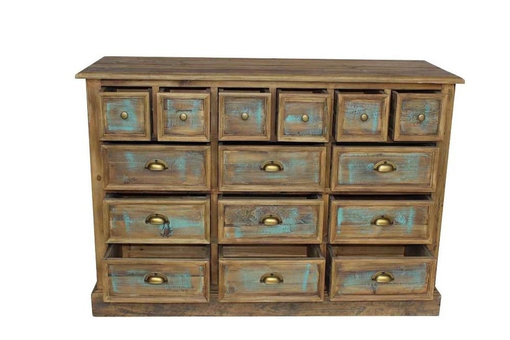Buffets - Chiffonnier en bois recyclé, 15 tiroirs, design rustique et authentique - JP2B DECORATION