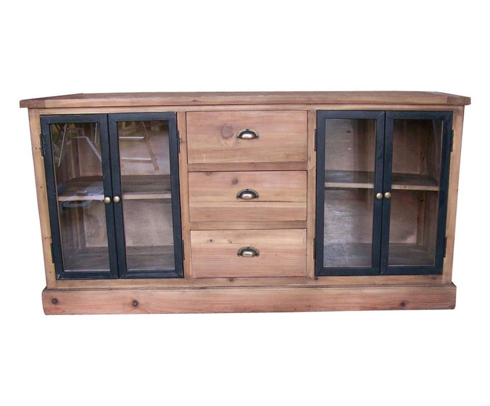Buffets - Bas de buffet vitré en bois recyclé, 3 tiroirs, 4 portes, design rustique - JP2B DECORATION