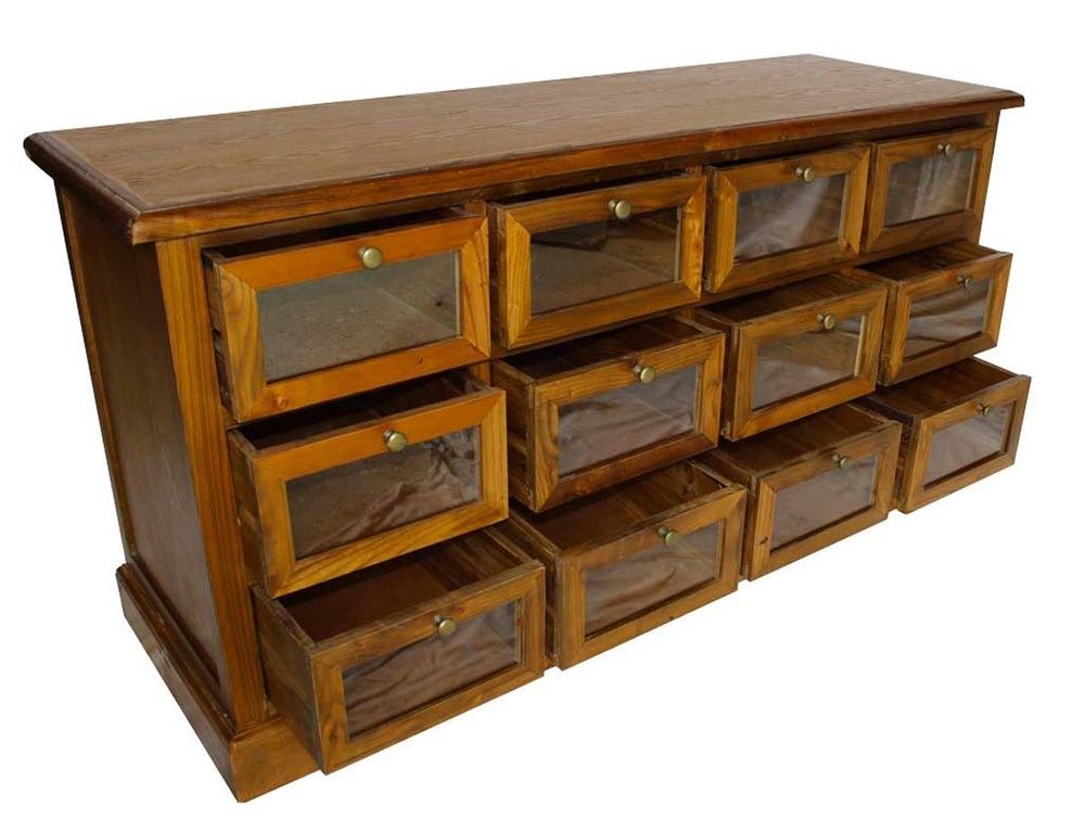 Buffets - Chiffonnier vitré en bois vieilli, 12 tiroirs, design authentique - JP2B DECORATION