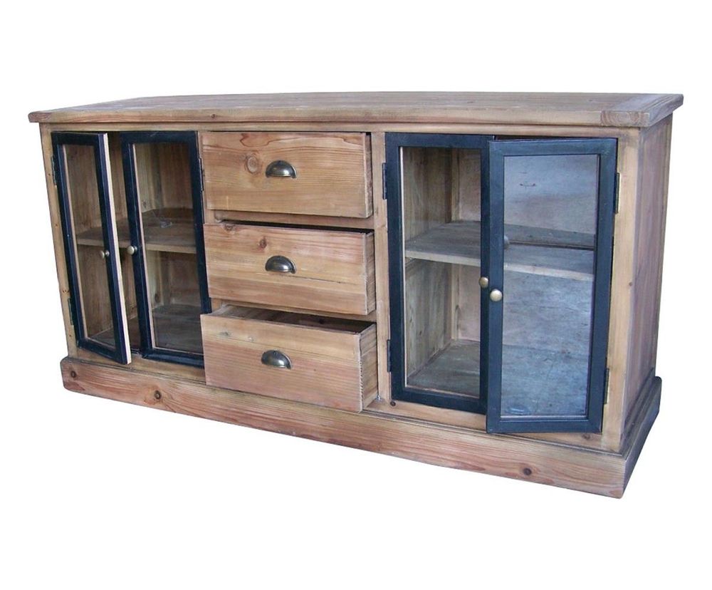 Buffets - Bas de buffet vitré en bois recyclé, 3 tiroirs, 4 portes, design rustique - JP2B DECORATION