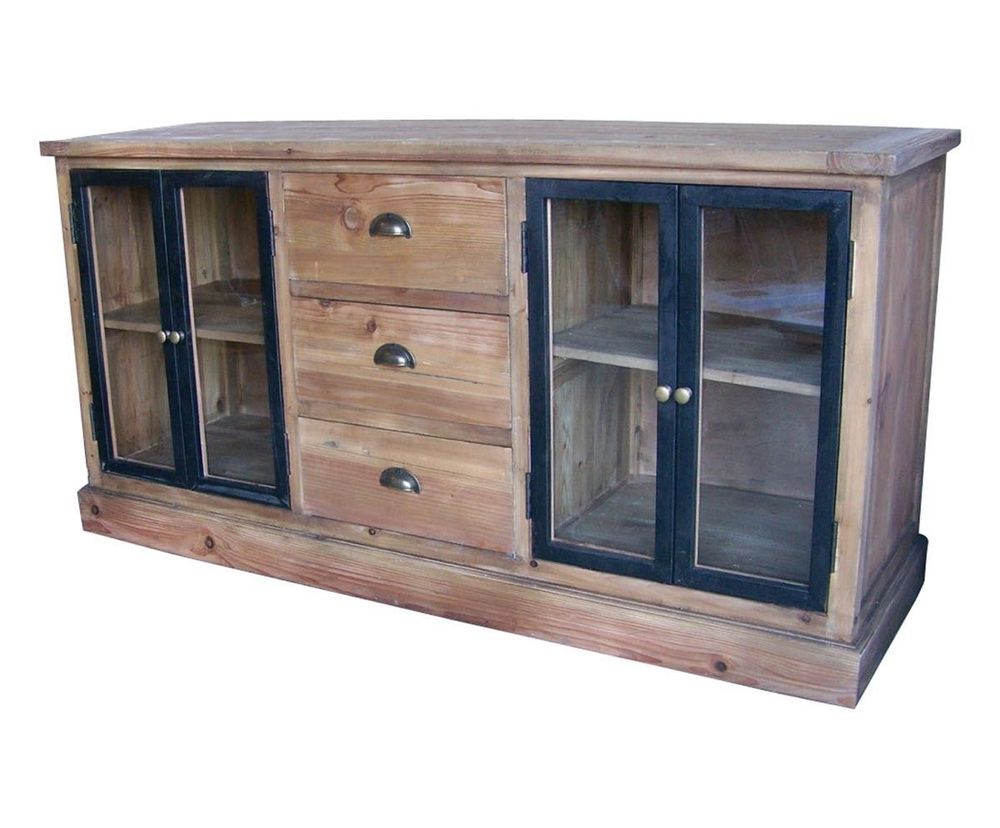 Buffets - Bas de buffet vitré en bois recyclé, 3 tiroirs, 4 portes, design rustique - JP2B DECORATION