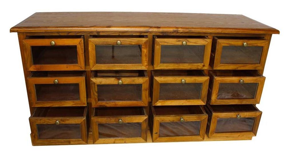 Buffets - Chiffonnier vitré en bois vieilli, 12 tiroirs, design authentique - JP2B DECORATION