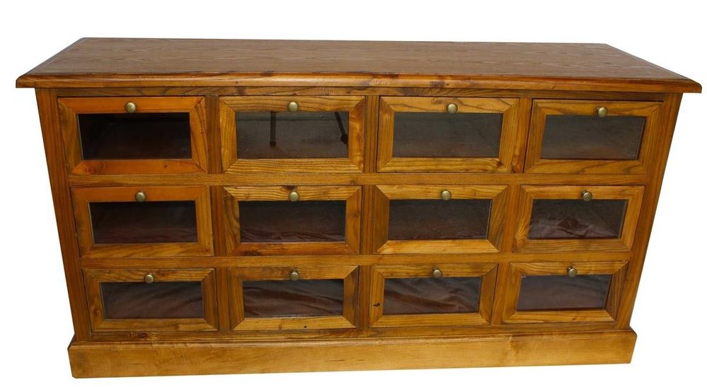 Buffets - Chiffonnier vitré en bois vieilli, 12 tiroirs, design authentique - JP2B DECORATION