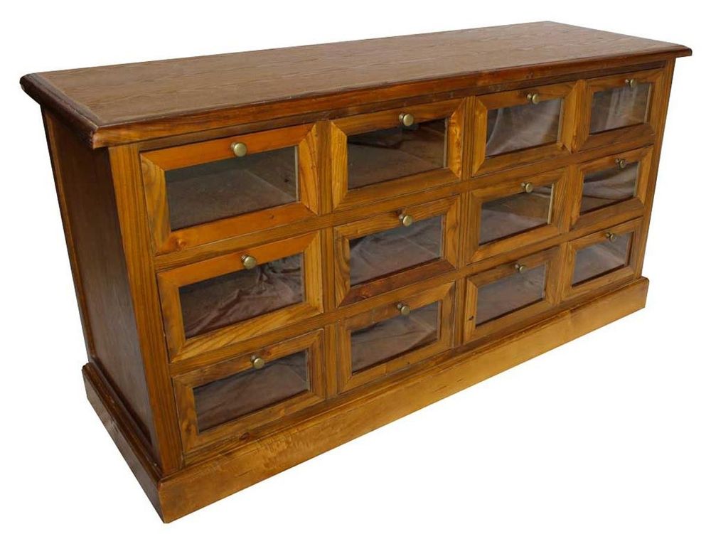 Buffets - Chiffonnier vitré en bois vieilli, 12 tiroirs, design authentique - JP2B DECORATION