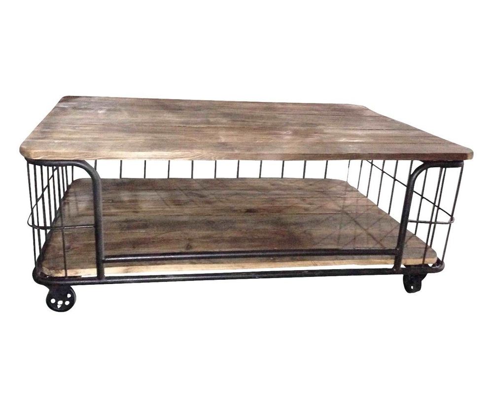 Tables basses - Table basse cage industrielle, bois vieilli et métal, 130 cm - JP2B DECORATION