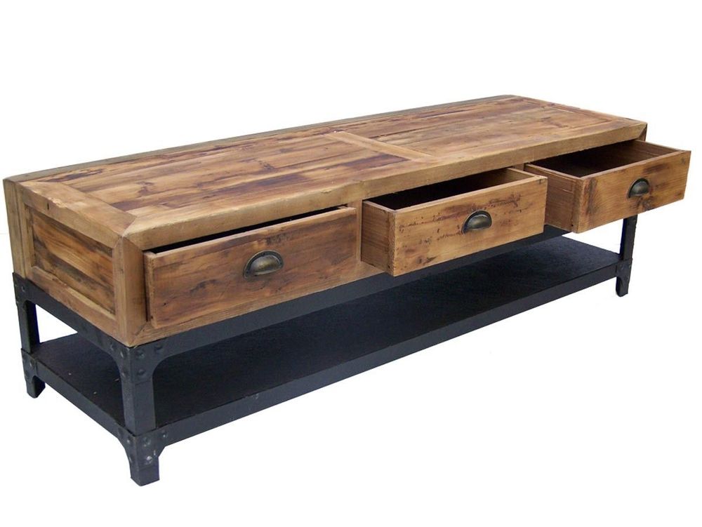 Buffets - Meuble TV industriel 3 tiroirs, bois vieilli et métal, 140 cm - JP2B DECORATION