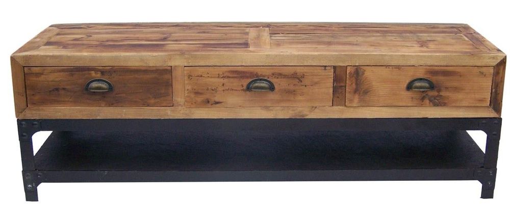 Buffets - Meuble TV industriel 3 tiroirs, bois vieilli et métal, 140 cm - JP2B DECORATION