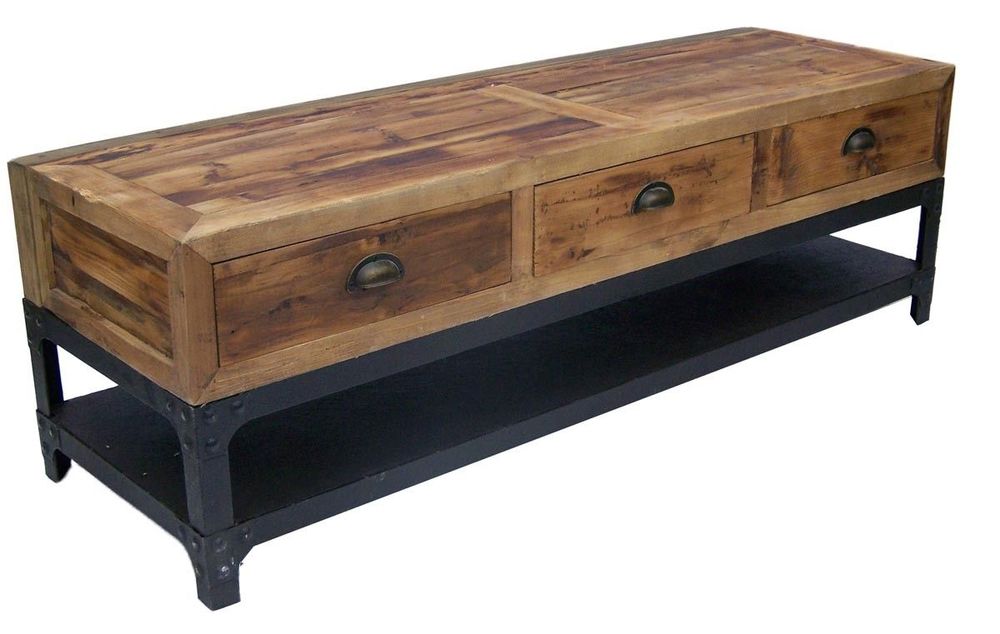 Buffets - Meuble TV industriel 3 tiroirs, bois vieilli et métal, 140 cm - JP2B DECORATION