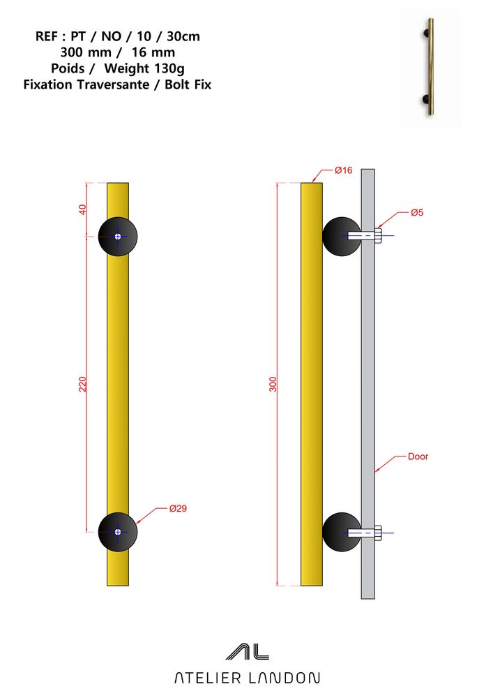 Poignées de porte - Poignée de tirage PT/NO/10 - ATELIER LANDON