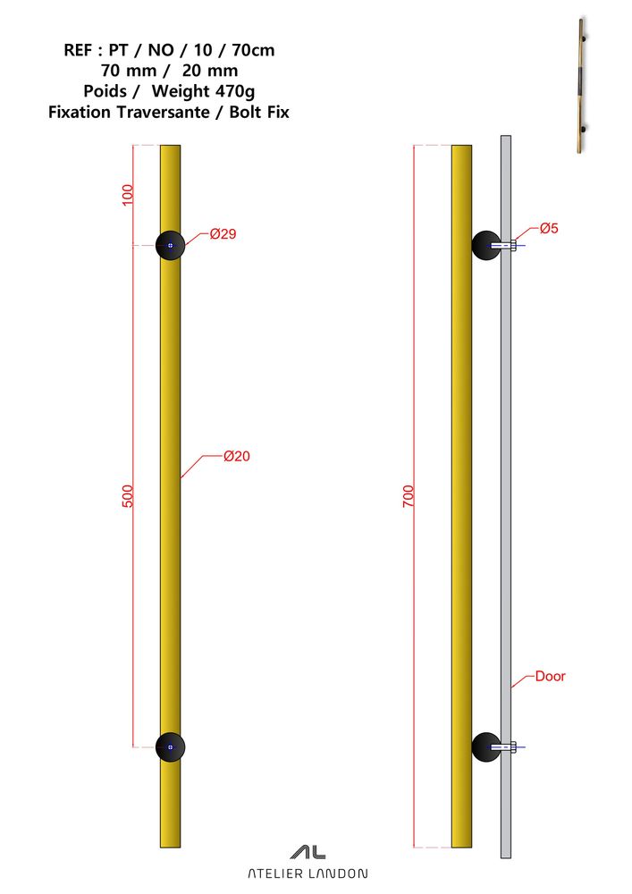 Poignées de porte - Poignée de tirage PT/NO/10 - ATELIER LANDON