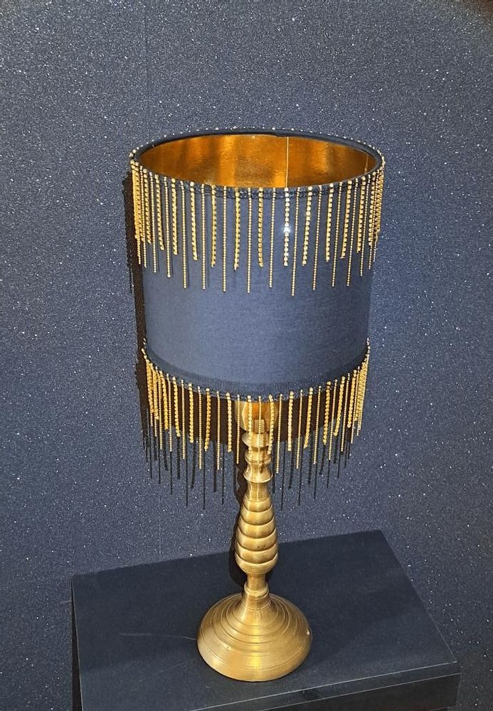Objets de décoration - Abat-jour Cylindrique Noir et Doré avec Franges de Perles et Strass - BELLE EPOQUE