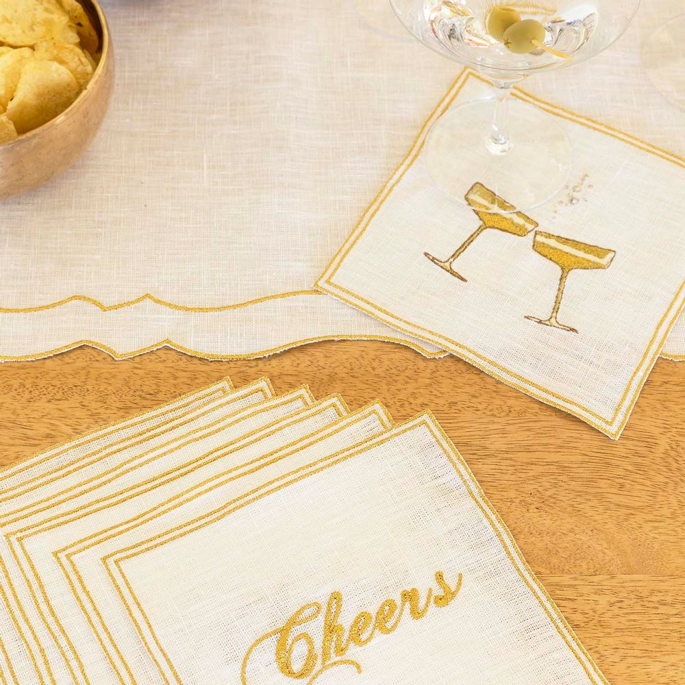 Linge de table textile - Set de 4 Serviettes Cocktail Quadro en lin Champagne & Cheers - LA GALLINA MATTA