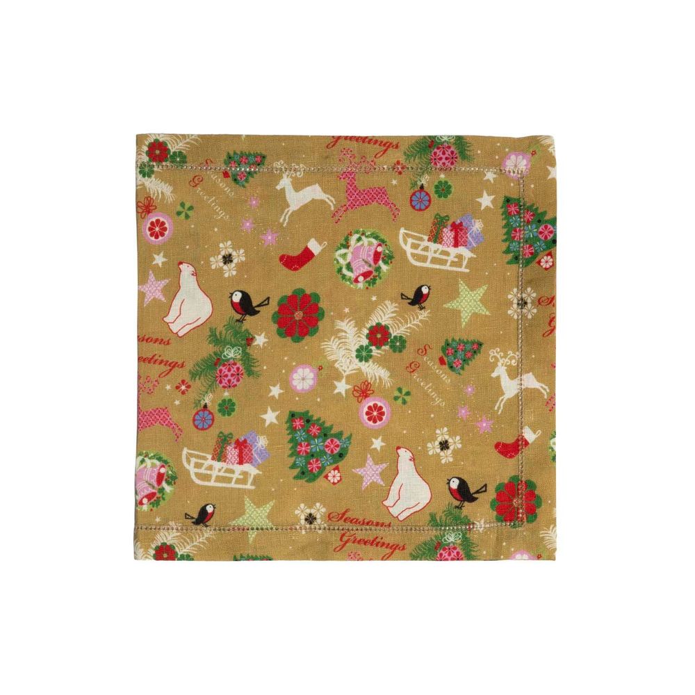 Linge de table textile - Serviette carrée avec Ourlet à Jour et motif de Noël - LA GALLINA MATTA