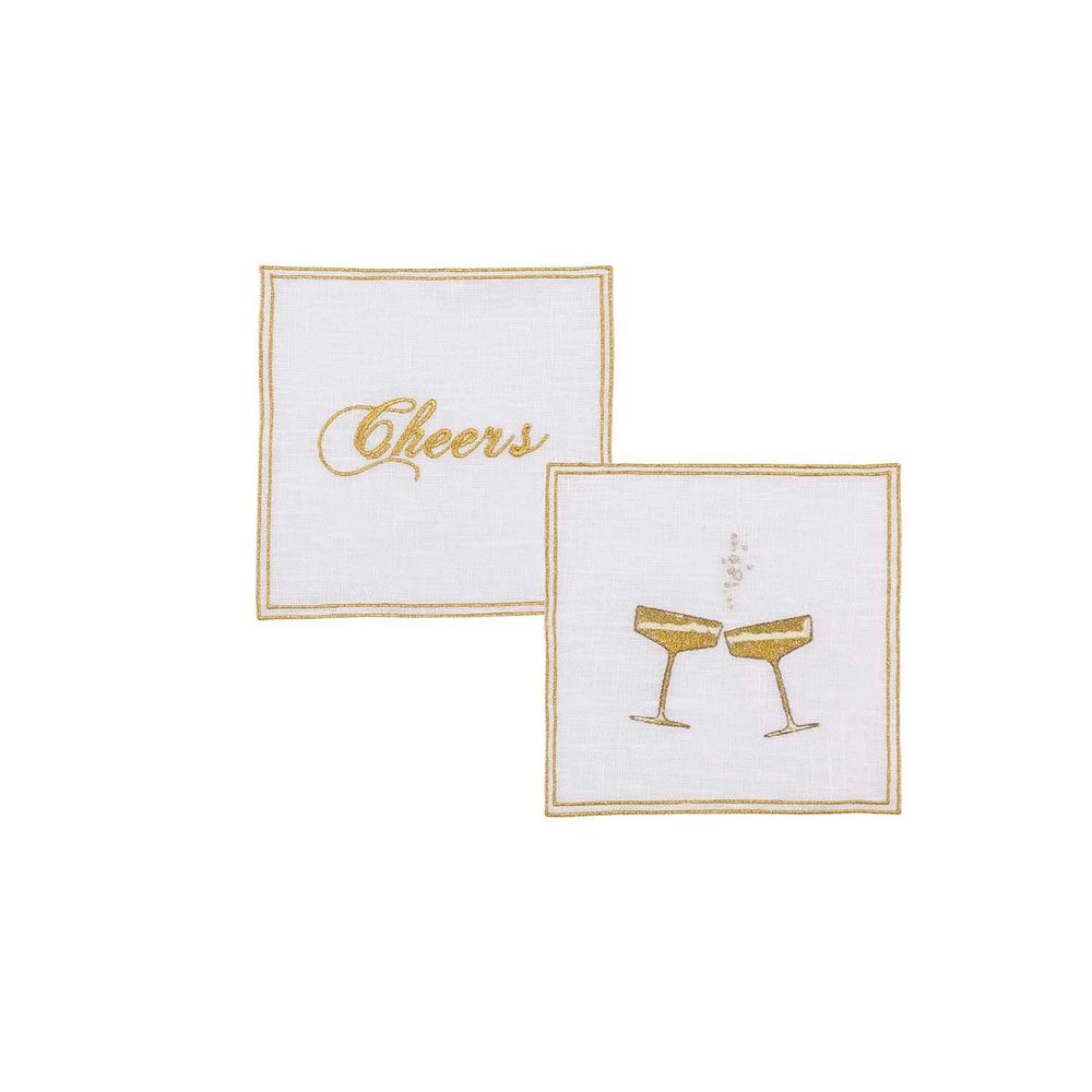 Linge de table textile - Set de 4 Serviettes Cocktail Quadro en lin Champagne & Cheers - LA GALLINA MATTA