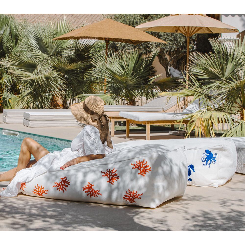 Transats - Bain de soleil extérieur flottant déhoussable broderie corail blanc - MX HOME