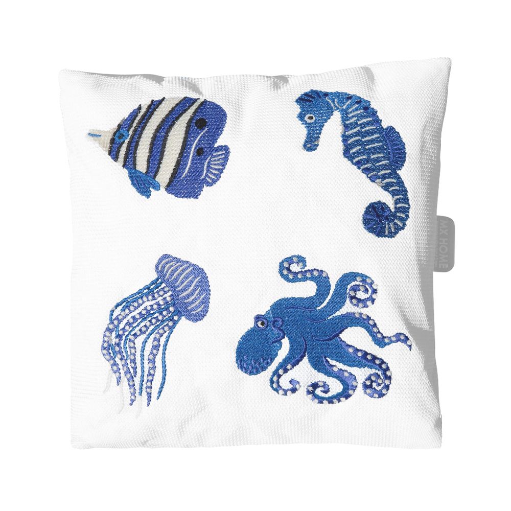 Outdoor decorative accessories - White outdoor cushion with blue fish embroidery - MX HOME