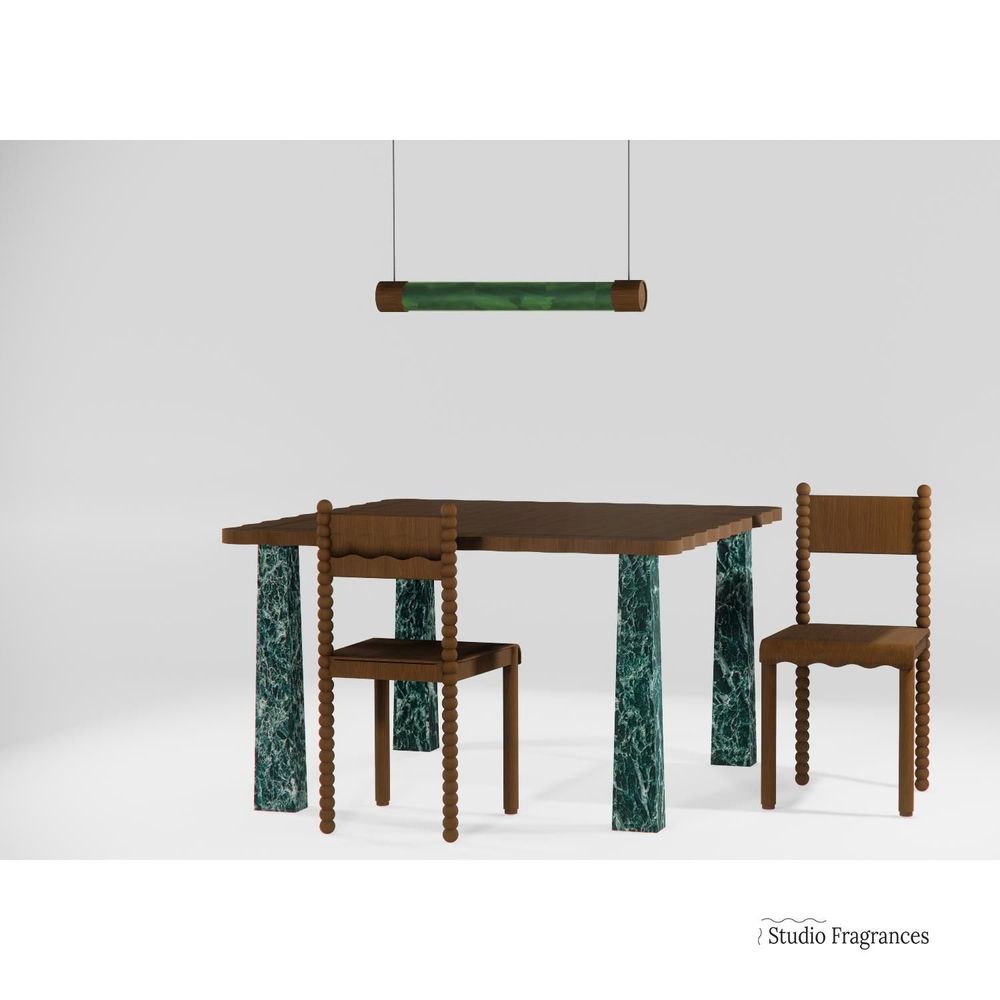 Tables Salle à Manger - Set Sysiphe : table en marbre et chêne+lampe+chaises en chêne - STUDIO FRAGRANCES
