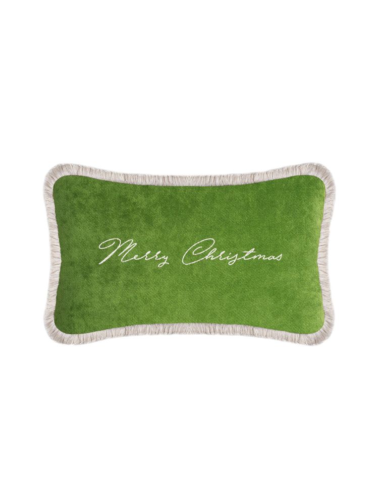 Autres décorations de Noël - Coussin Christmas Happy en velours vert avec franges blanches - LO DECOR