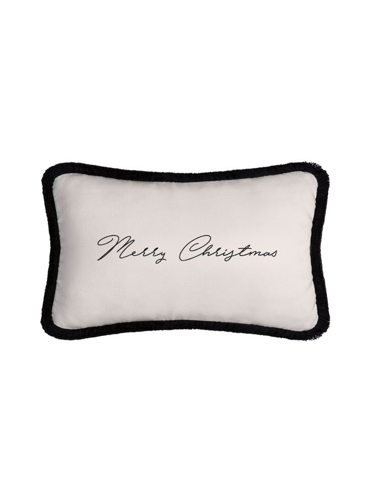 Other Christmas decorations - Christmas Happy Pillow Velvet White With Black Fringes - LO DECOR