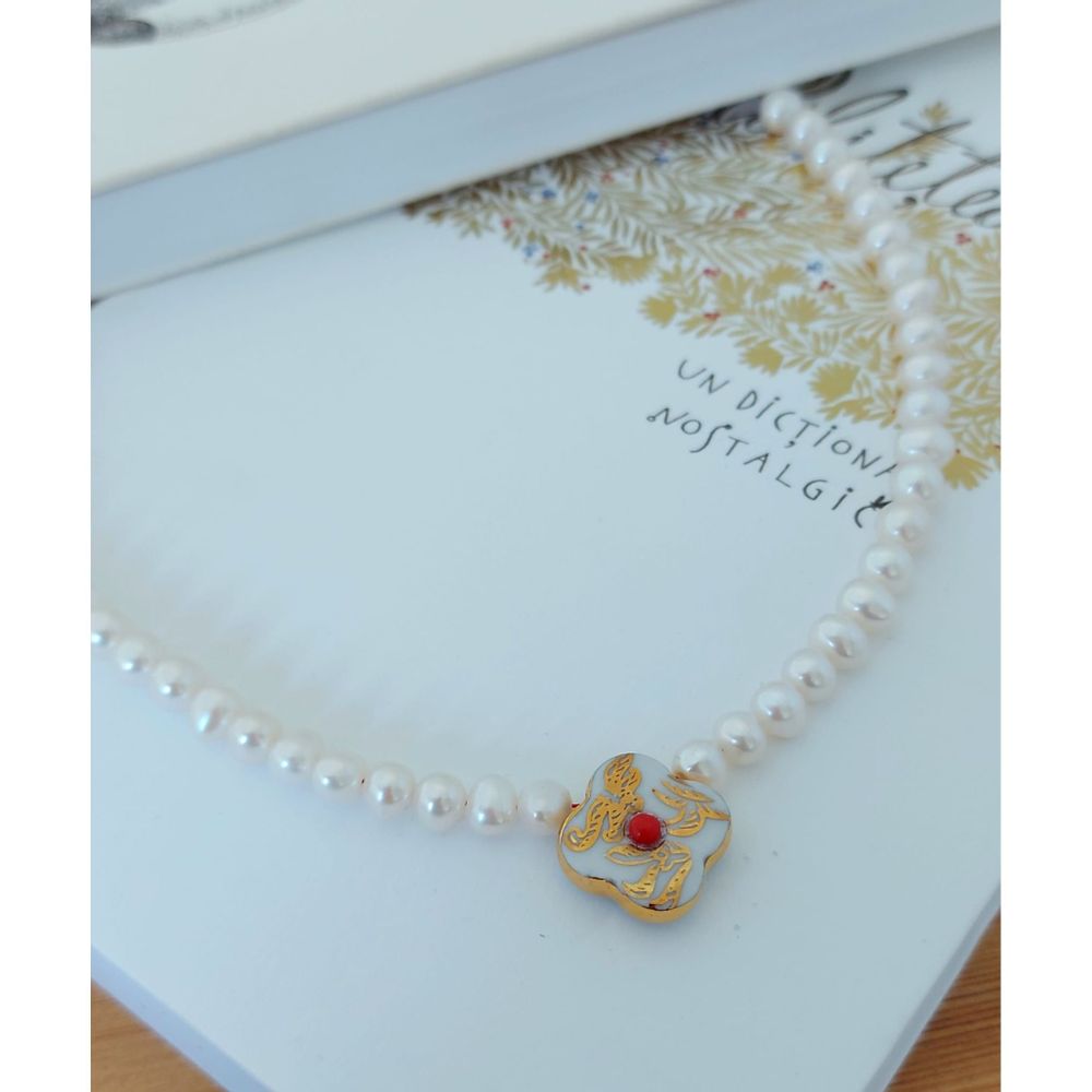 Jewelry - Small White-Golden Cross with Coral and Pearls Necklace "Byzantium" - WAGNER ARTE