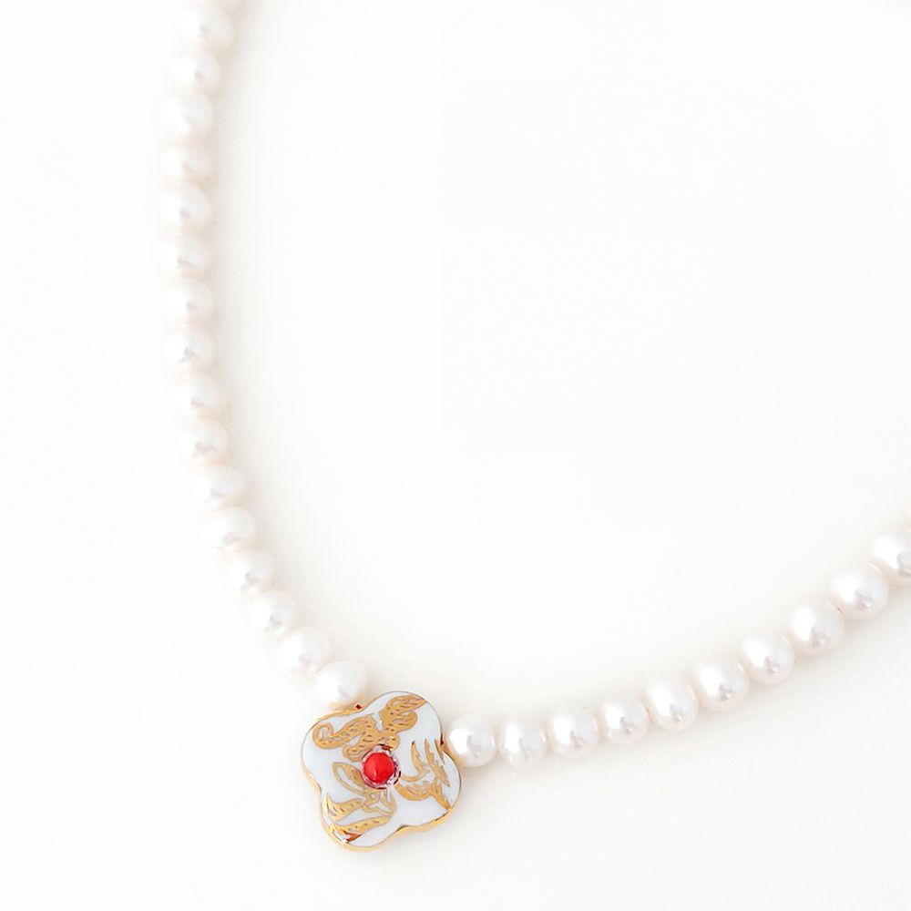 Jewelry - Small White-Golden Cross with Coral and Pearls Necklace "Byzantium" - WAGNER ARTE