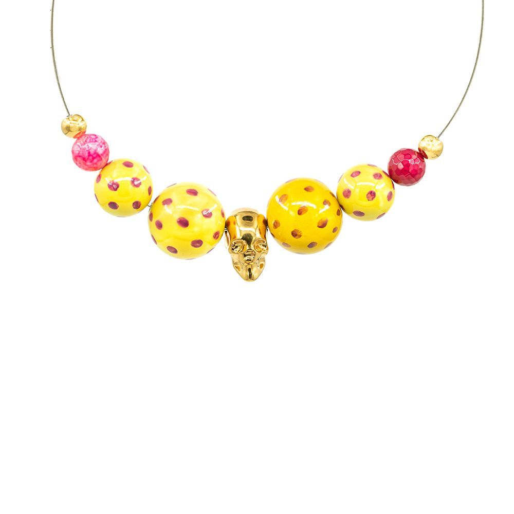 Bijoux - Collier tête de mort plaqué or avec agate et pois "En fleur" - WAGNER ARTE