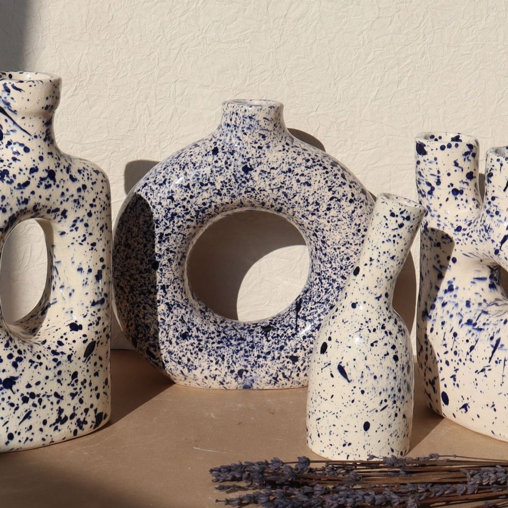 Vases - Handmade Speckled Circular Vase - White and Blue - MAISON MARMOL