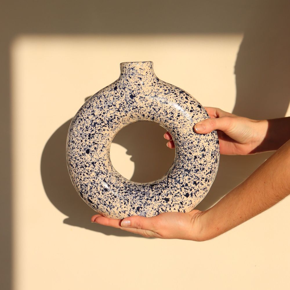 Vases - Handmade Speckled Circular Vase - White and Blue - MAISON MARMOL