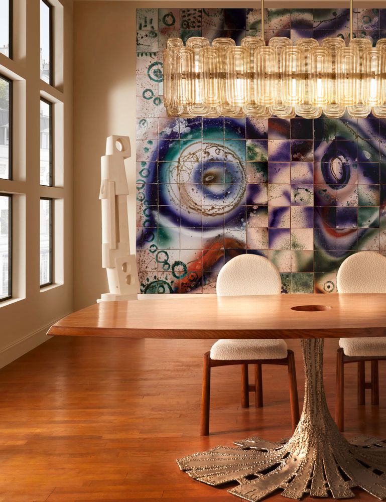 Dining Tables - Wall panel, sculpture, and wooden table with metal base - GALERIE GLUSTIN