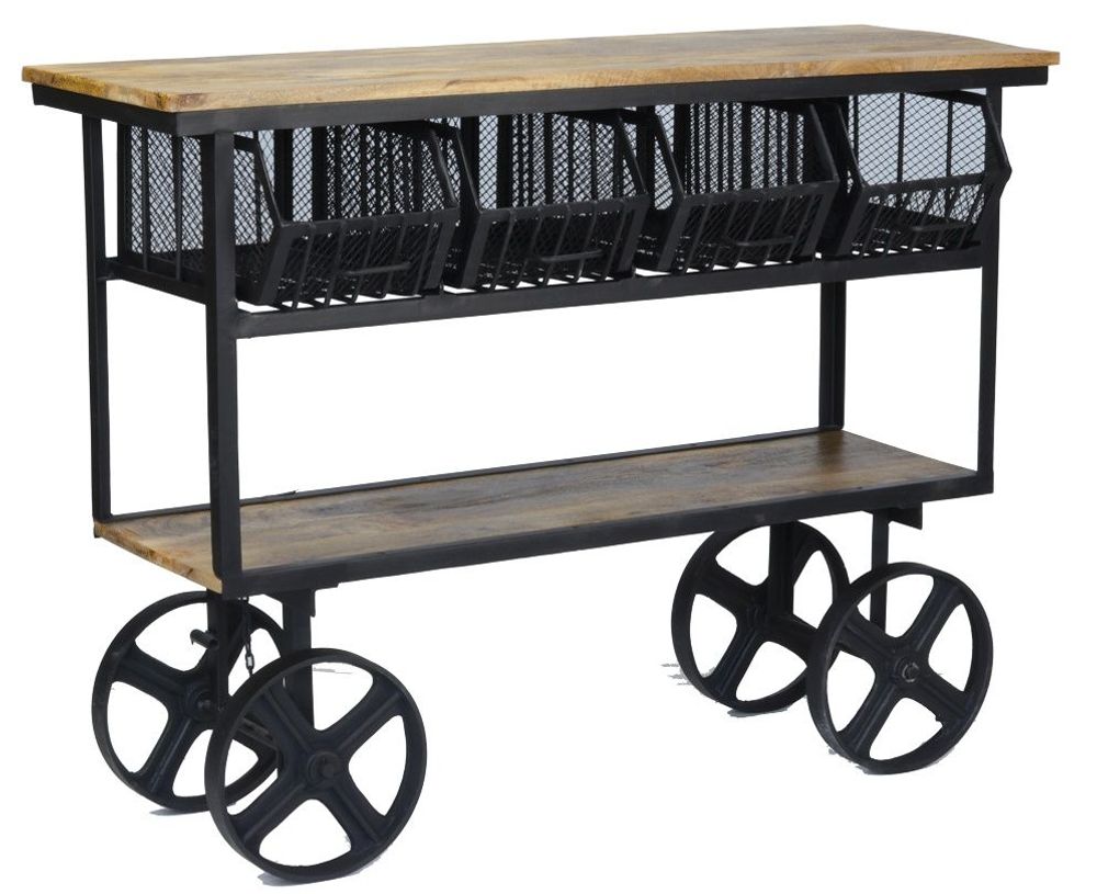 Bibliothèques - Chariot industriel en bois de manguier et métal, avec roulettes, 4 tiroirs - JP2B DECORATION