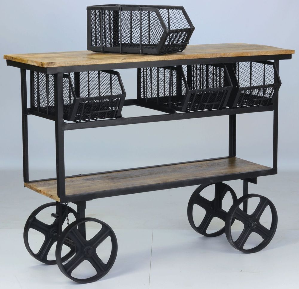 Bibliothèques - Chariot industriel en bois de manguier et métal, avec roulettes, 4 tiroirs - JP2B DECORATION