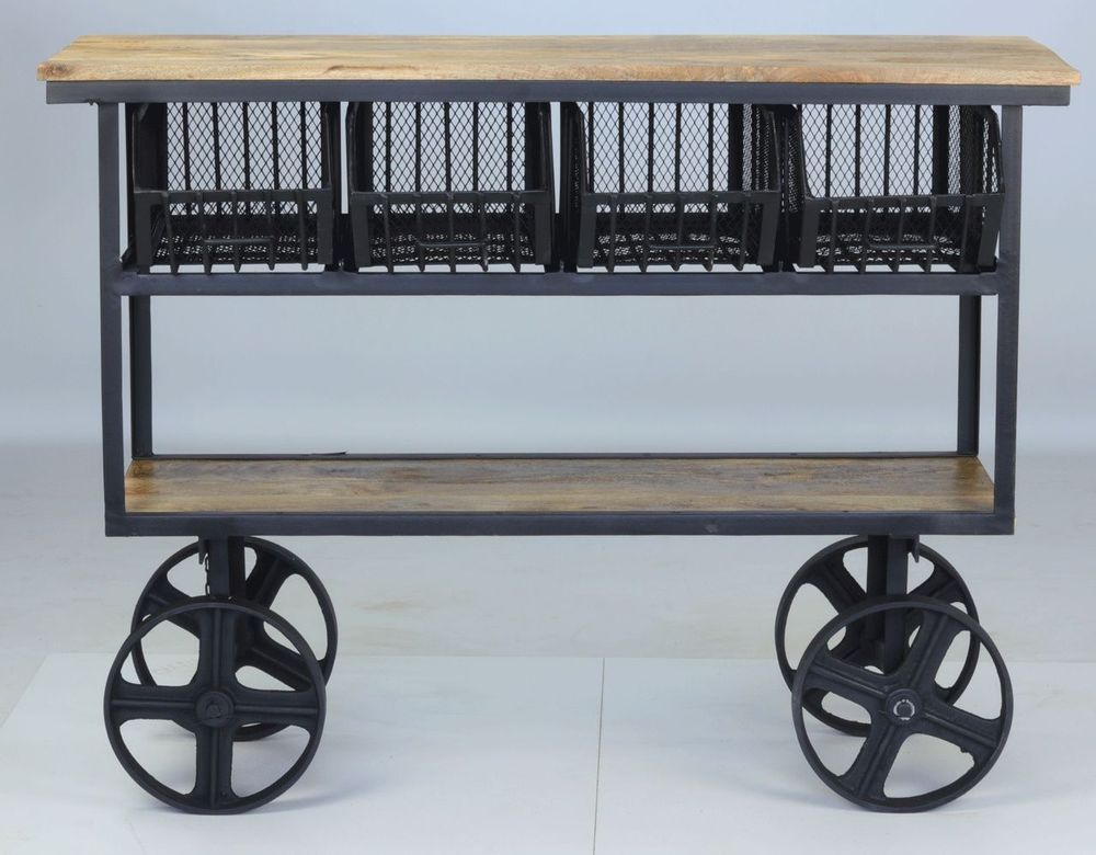 Bibliothèques - Chariot industriel en bois de manguier et métal, avec roulettes, 4 tiroirs - JP2B DECORATION