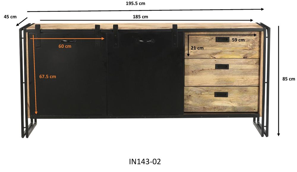 Sideboards - Industrial buffet wood and iron, sliding door, 3 drawers, 195 cm - JP2B DECORATION
