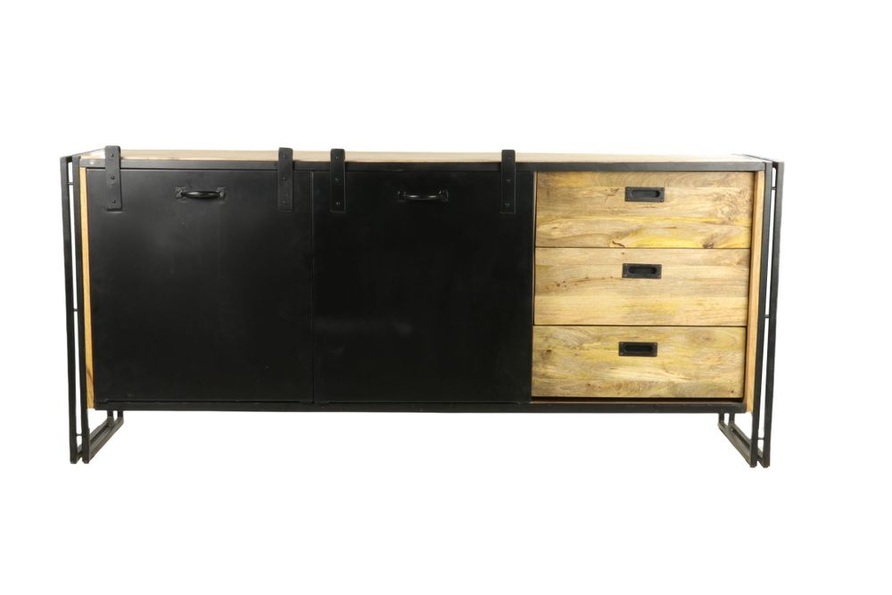 Sideboards - Industrial buffet wood and iron, sliding door, 3 drawers, 195 cm - JP2B DECORATION