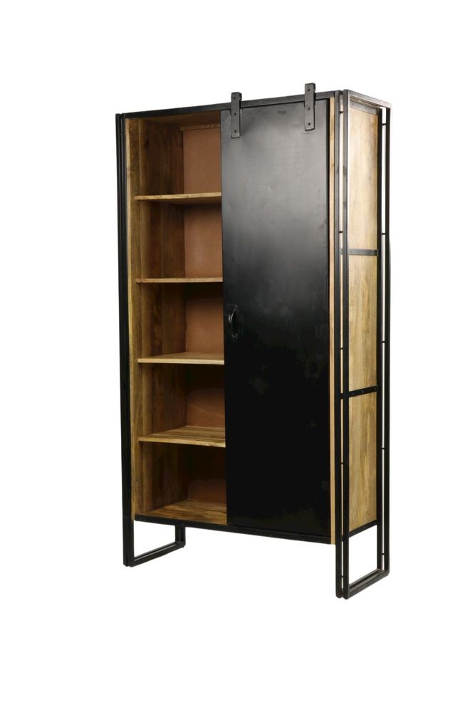 Etagères - Armoire industrielle bois et fer, porte coulissante, 4 étagères, 190 cm - JP2B DECORATION