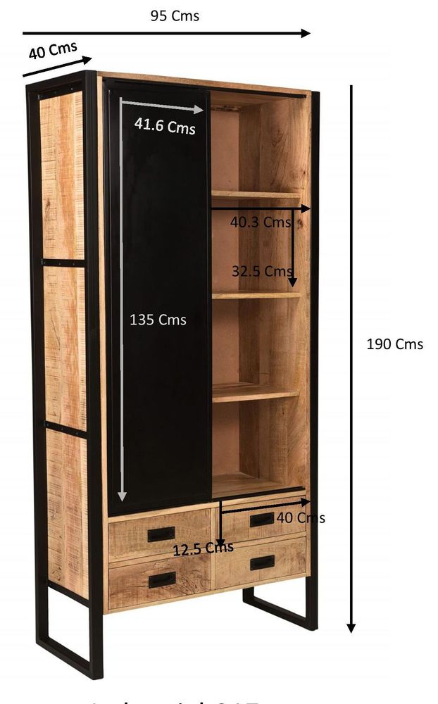 Etagères - Étagère industrielle en bois et fer, 3 étagères, 4 tiroirs, porte coulissante - JP2B DECORATION