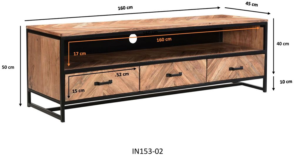 Shelves - Industrial TV stand in wood and iron, 160 cm, 3 drawers, 1 shelf - JP2B DECORATION