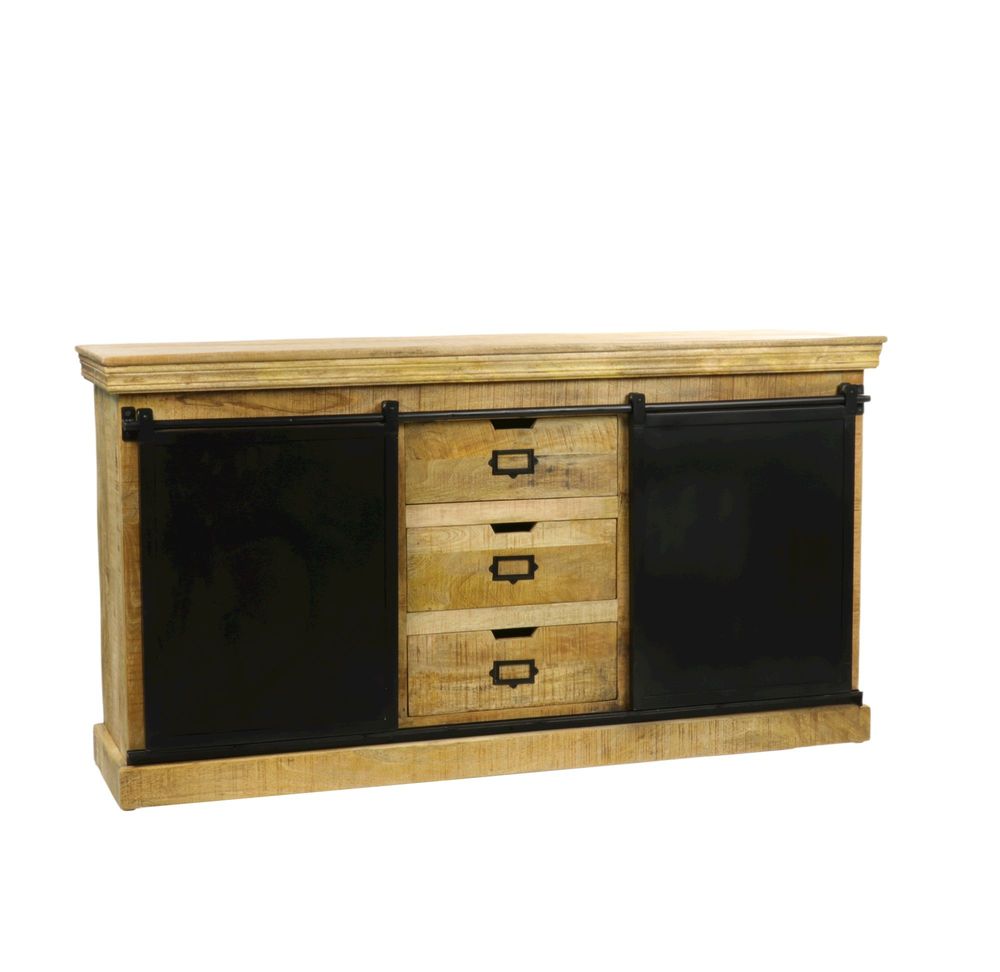 Sideboards - Industrial sideboard in wood and iron, sliding door, 3 drawers, 2 shelves - JP2B DECORATION