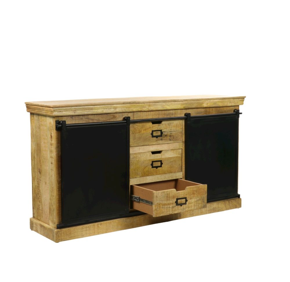 Sideboards - Industrial sideboard in wood and iron, sliding door, 3 drawers, 2 shelves - JP2B DECORATION