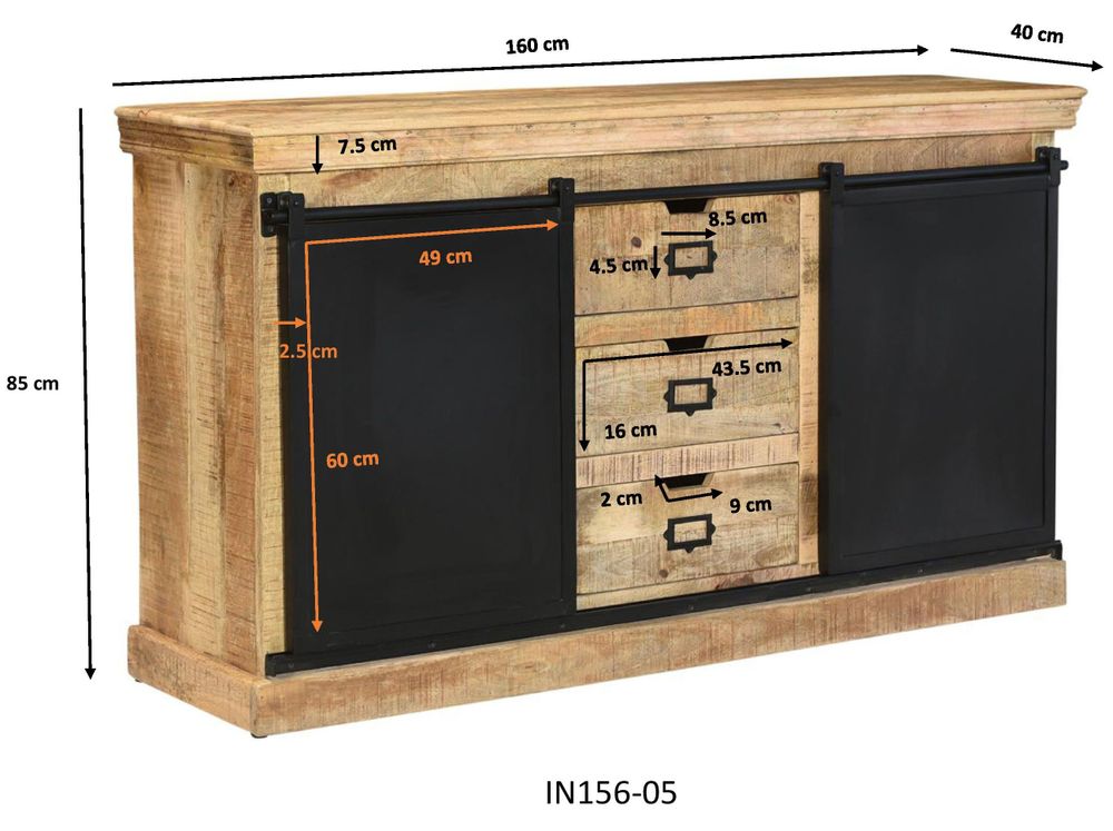 Sideboards - Industrial sideboard in wood and iron, sliding door, 3 drawers, 2 shelves - JP2B DECORATION