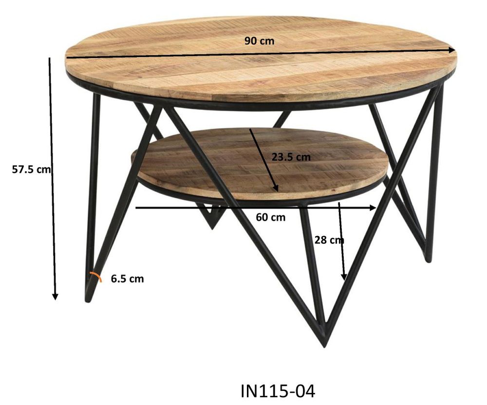 Coffee tables - Industrial coffee table in mango wood and iron, 90x90 cm with shelf - JP2B DECORATION